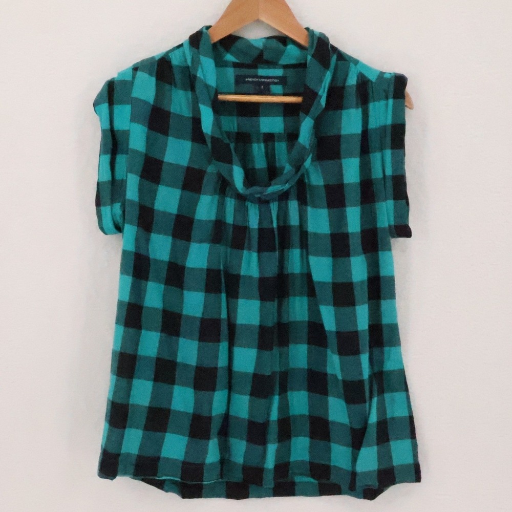 French Connection Buffalo Plaid Cowl Neck Top Size 2 Green Black 2010s Grunge